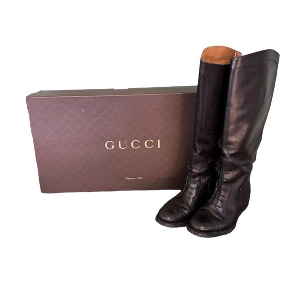 Gucci Black Boulanger Equestrian Tall Lace Up Leather Boots - Picture 1 of 16